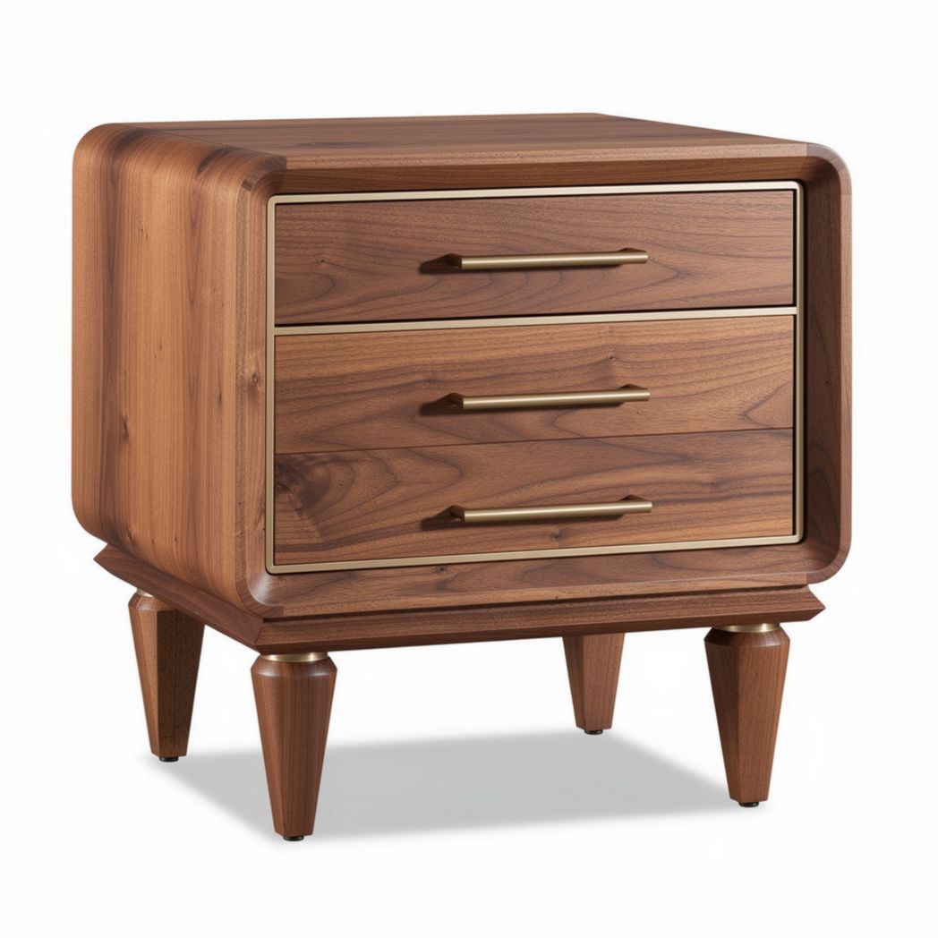 Comodino in legno di noce con tre cassetti per camera da letto – 45 x 40 x 50 cm