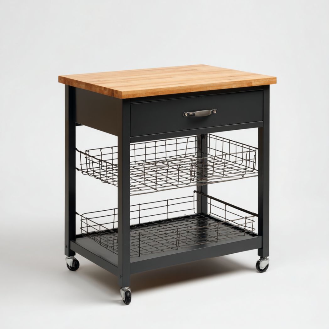 Carrello da cucina con piano in pietra e struttura in legno per preparazione e servizio – 70 x 45 x 85 cm